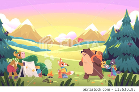 Animals forest hiking. Cartoon animal camper characters hike summer camping scene cute bear character nature adventure woodland forests 115630195