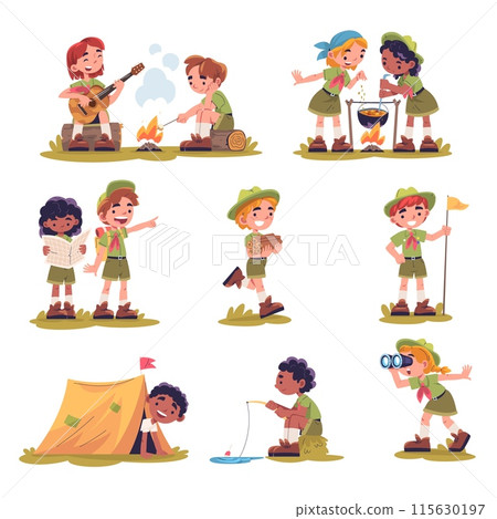 Kids scouts. Child scout cartoon characters, kindergarten kid or school students nature explorations summer camp adventure, children tourist boyscout set classy vector illustration 115630197