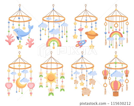 Baby pendants. Newborn mobile hanging toy on crib nursery room decoration, new child birth invitation infant birthday party 115630212