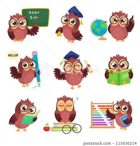 Owl student. Cartoon owls graduate students or teacher professor cute character, wise bird in glasses with abacus pencil book school science education ingenious vector illustration 115630214