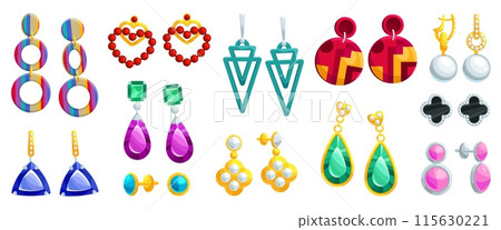 Cartoon gem earrings. Jewelry fashion earring with emerald pearl pendant, gold jewel accessories for women ear isolated shiny luxury accessory set 115630221