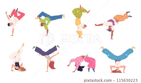 Breakdance dancers. Street dancer characters, moving jump breakdancer b-boy freestyle nightclub teenager modern hip hop dance action urban 115630223