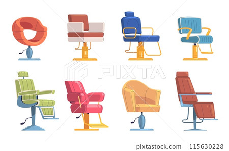 Barber chairs. Barbershop salon isolated chair or massage armchairs for hairdresser modern interior, hairdressing barbering shop studio cartoon icons classy vector illustration 115630228