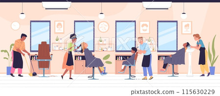Clients in hairdresser salon. Hairstylist working cut people on chair at mirror, barbershop haircut service saloon interior haircutter happy customers Clients in hairdresser salon. Hairstylist working cut people on chair at mirror, barbershop haircut service saloon interior haircutter happy customers 115630229