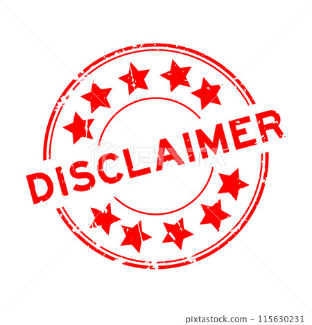 Grunge red disclaimer word with star icon round rubber seal stamp on white background Grunge red disclaimer word with star icon round rubber seal stamp on white background 115630231