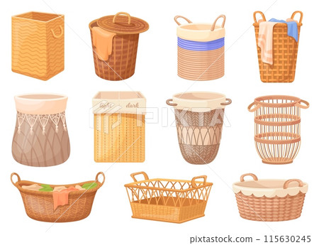 Wicker laundry baskets. Cartoon hamper messy fabric or dirty clothes, rattan wood bamboo basket weaving straw trendy hampers home interior, empty container neat vector illustration Wicker laundry baskets. Cartoon hamper messy fabric or dirty clothes, rattan wood bamboo basket weaving straw trendy hampers home interior, empty container neat vector illustration 115630245