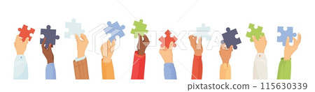 Diversity hands with puzzle. Employer multi ethnic race hand holding jigsaw pieces, business company work cooperation corporate integration office team concept vector illustration Diversity hands with puzzle. Employer multi ethnic race hand holding jigsaw pieces, business company work cooperation corporate integration office team concept vector illustration 115630339