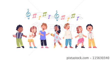 Children singers. Child school church chorus, kid singer sing on stage kids singing practice in choir, boy and girl musical activity cartoon characters, classy vector illustration 115630340