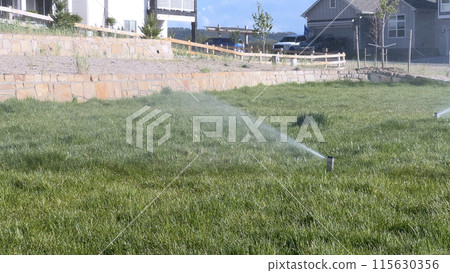 A suburban neighborhood scene featuring automatic sprinklers watering a lush green lawn in front of modern homes. The sprinklers create a misty effect, emphasizing the freshness and care of the 115630356