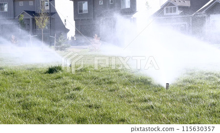 A suburban neighborhood scene featuring automatic sprinklers watering a lush green lawn in front of modern homes. The sprinklers create a misty effect, emphasizing the freshness and care of the 115630357