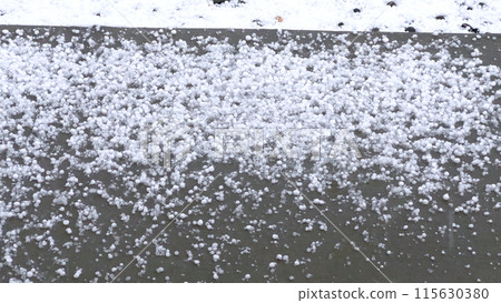 A detailed image showing a close-up view of hailstones densely covering an outdoor surface. The hailstones create a thick layer, illustrating the intensity of the hail storm. A detailed image showing a close-up view of hailstones densely covering an outdoor surface. The hailstones create a thick layer, illustrating the intensity of the hail storm. 115630380