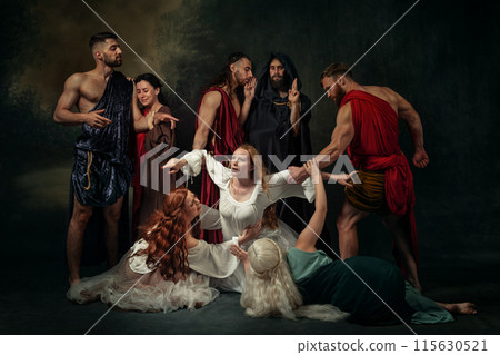 Redhaired woman in white dress surrounded by men and women in ancient attire, their gestures indicating mix of support and conflict. Redhaired woman in white dress surrounded by men and women in ancient attire, their gestures indicating mix of support and conflict. 115630521
