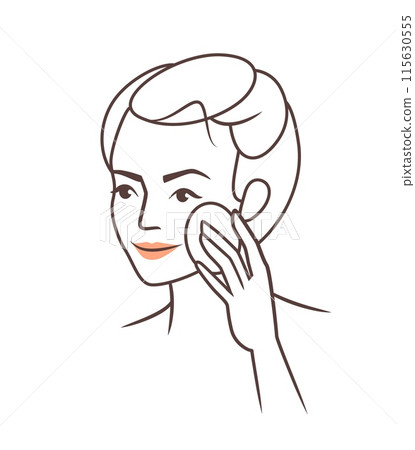 Body care. Female beauty. Makeup or skincare cosmetic procedures. Girl cleaning face with sponge. Daily spa routine. Person applying facial moisturizing cream. Vector woman portrait 115630555