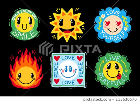 Cute stickers. Smile face stamp. Retro badge. Positive emoji. Cool cartoon label. Doodle emoticon. Groovy funny pop art. Love and peace. Y2K patch. Joy and happiness. Vector icons set 115630570