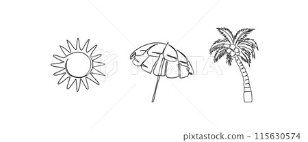 Sun, beach umbrella, palm tree continuous one line drawing, single line art element, minimalist sketch line vector illustration, summer holiday concept 115630574
