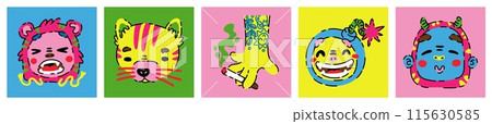 Crazy characters. Cartoon animal faces. Quirky tiger muzzle. Hand drawn fantasy art of funny woman and cute boom. Funny prints. Tattooed arm with cigarette. Vector doodle comic cards set 115630585