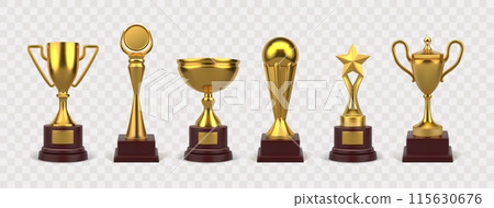 3D award. Golden cup for soccer champions. Sport competition. Gold goblets. Game winner prize shapes. Championship achievement. Tournament victory. Vector realistic winning rewards set 3D award. Golden cup for soccer champions. Sport competition. Gold goblets. Game winner prize shapes. Championship achievement. Tournament victory. Vector realistic winning rewards set 115630676