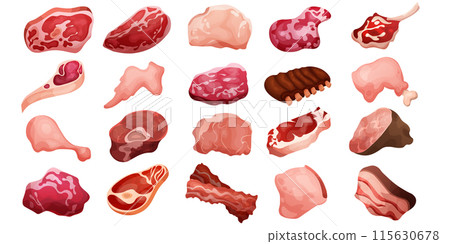 Meat products. Natural food. Chicken sausage. Raw beef and red steak. Cut pieces for barbecue. Pork ham and bacon for BBQ. Gastronomy delicacy. Vector butcher cooking ingredients set 115630678