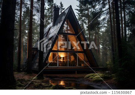 Modern A-frame house cabin in middle of a forest in the night. 115630867