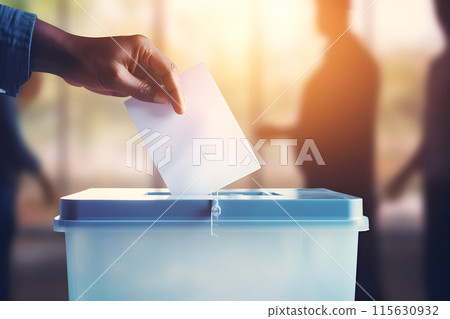 Hand of a person casting a vote into the ballot box during elections 115630932