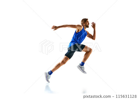Dynamic image of man in a run, runner in motion, training isolated on white studio background. Speed and endurance. Dynamic image of man in a run, runner in motion, training isolated on white studio background. Speed and endurance. 115631128
