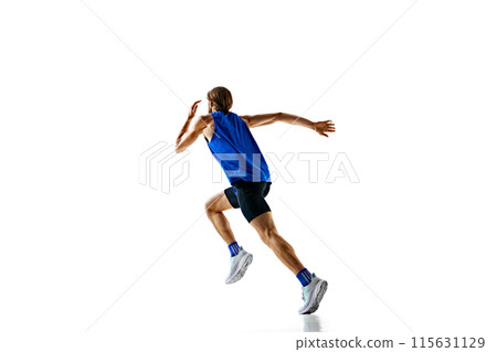 Focused and motivated young man, competitive athlete in motion, running, preparing for competition isolated on white studio background Focused and motivated young man, competitive athlete in motion, running, preparing for competition isolated on white studio background 115631129