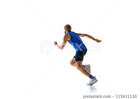 Dynamic image of man in a run, runner in motion, training isolated on white studio background. Speed and endurance. Dynamic image of man in a run, runner in motion, training isolated on white studio background. Speed and endurance. 115631130