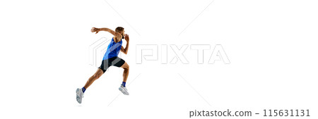 Competitive and energetic man, runner in motion, running, training isolated on white studio background Competitive and energetic man, runner in motion, running, training isolated on white studio background 115631131