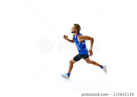Athletic and determined man, runner in motion, training, growing speed for marathon isolated on white studio background 115631138