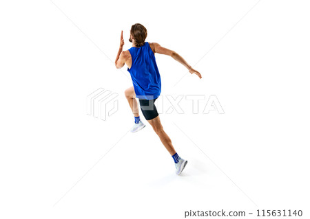 Athletic and determined man, runner in motion, training, growing speed for marathon isolated on white studio background 115631140