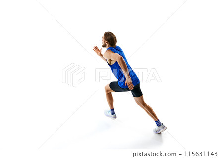 Young competitive man, runner athlete in motion, running,training isolated on white studio background Young competitive man, runner athlete in motion, running,training isolated on white studio background 115631143