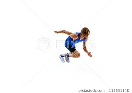 Power, speed and endurance. Determined athlete, young man in motion, running, training isolated on white studio background 115631148