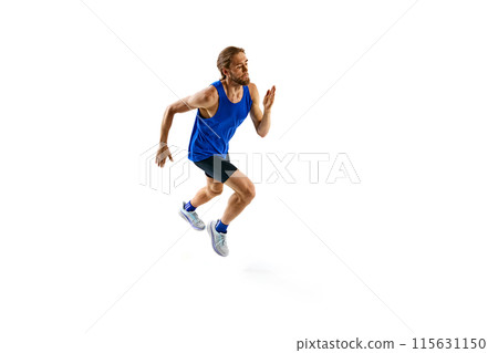 Athletic bearded man, runner in motion, training, growing speed and endurance isolated on white studio background 115631150