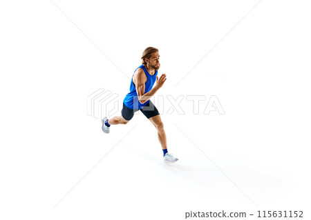 Young muscular man, runner in motion, demonstrating intensity and discipline of athletic training isolated on white studio background 115631152