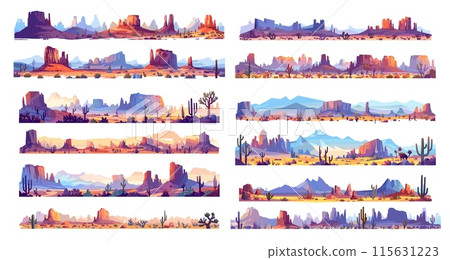 Cartoon prairies landscape set. Western desert with cactuses mountains rocks, wild west panorama vector illustration 115631223