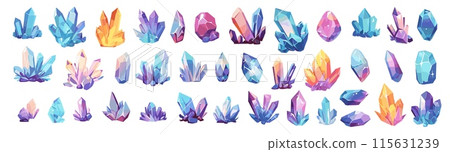 Cartoon crystal druse set. Magic sparkle pink blue gem stones, game jewellery vector illustration Cartoon crystal druse set. Magic sparkle pink blue gem stones, game jewellery vector illustration 115631239