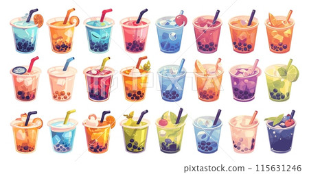 Cartoon bubble Boba tea set. Summer smoothie ice drinks with tapioca pearls in glasses different flavors and toppings, straws and fruit slices cocktail vector illustration 115631246