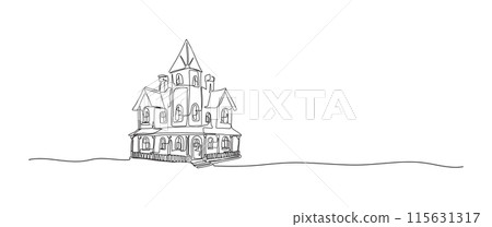 Haunted house continuous one line drawing, single line art element, minimalist sketch line vector illustration, halloween spooky concept Haunted house continuous one line drawing, single line art element, minimalist sketch line vector illustration, halloween spooky concept 115631317