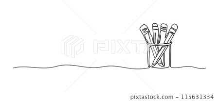 Pencils continuous one line drawing, single line art element, minimalist sketch line vector illustration, back to school concept Pencils continuous one line drawing, single line art element, minimalist sketch line vector illustration, back to school concept 115631334