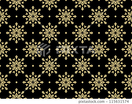 Abstract geometric pattern with lines, snowflakes. A seamless vector background. Golden and black texture. Graphic modern pattern Abstract geometric pattern with lines, snowflakes. A seamless vector background. Golden and black texture. Graphic modern pattern 115631574