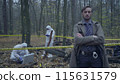 Police detective visiting a crime scene, arms crossed on his chest, waiting for a forensic report 115631579