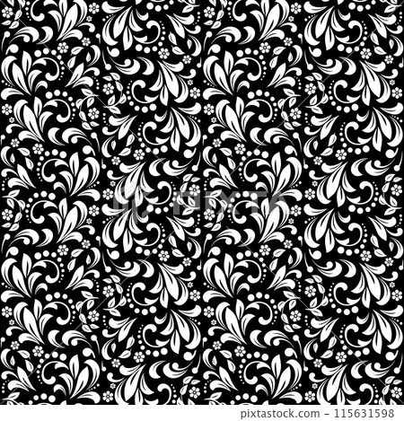 Flower pattern. Seamless white and black ornament. Graphic vector background. Ornament for fabric, wallpaper, packaging. 115631598
