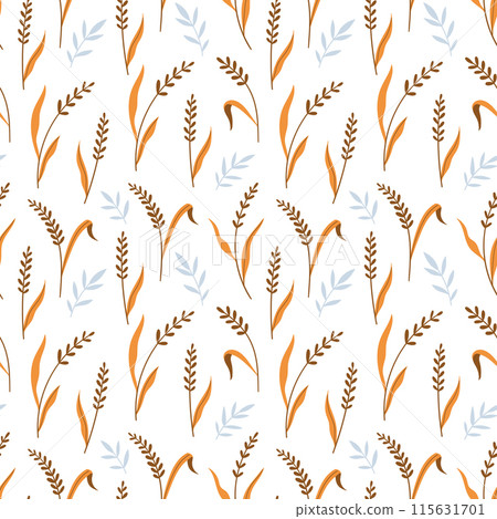 Ears and wild herbs seamless vector pattern. Simple flat style. White background. Ears and wild herbs seamless vector pattern. Simple flat style. White background. 115631701