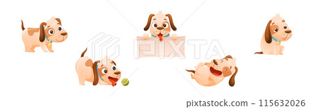 Cute Dog with Collar as Domestic Pet Engaged in Different Activity Vector Set 115632026