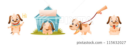 Cute Dog with Collar as Domestic Pet Engaged in Different Activity Vector Set 115632027