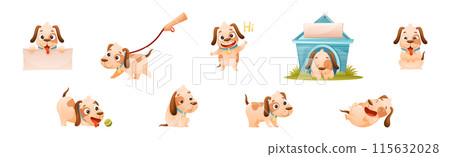 Cute Dog with Collar as Domestic Pet Engaged in Different Activity Vector Set 115632028