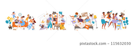 Naughty Hyperactive Children Characters Making Mess Vector Illustration Set 115632030