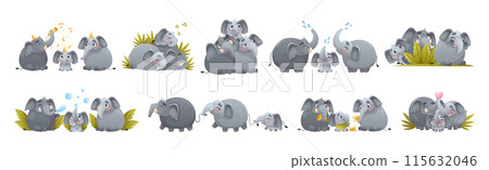 Elephant Family with Parent and Sweet Baby Together Engaged in Different Activity Vector Set 115632046