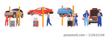 Car Repair Service with Mechanics Team in Garage Doing Technical Inspection and Automobile Diagnostics Vector Illustration Set 115632108
