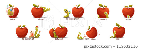 Red Apple with Green Worm as English Preposition Words Vector Set Red Apple with Green Worm as English Preposition Words Vector Set 115632110